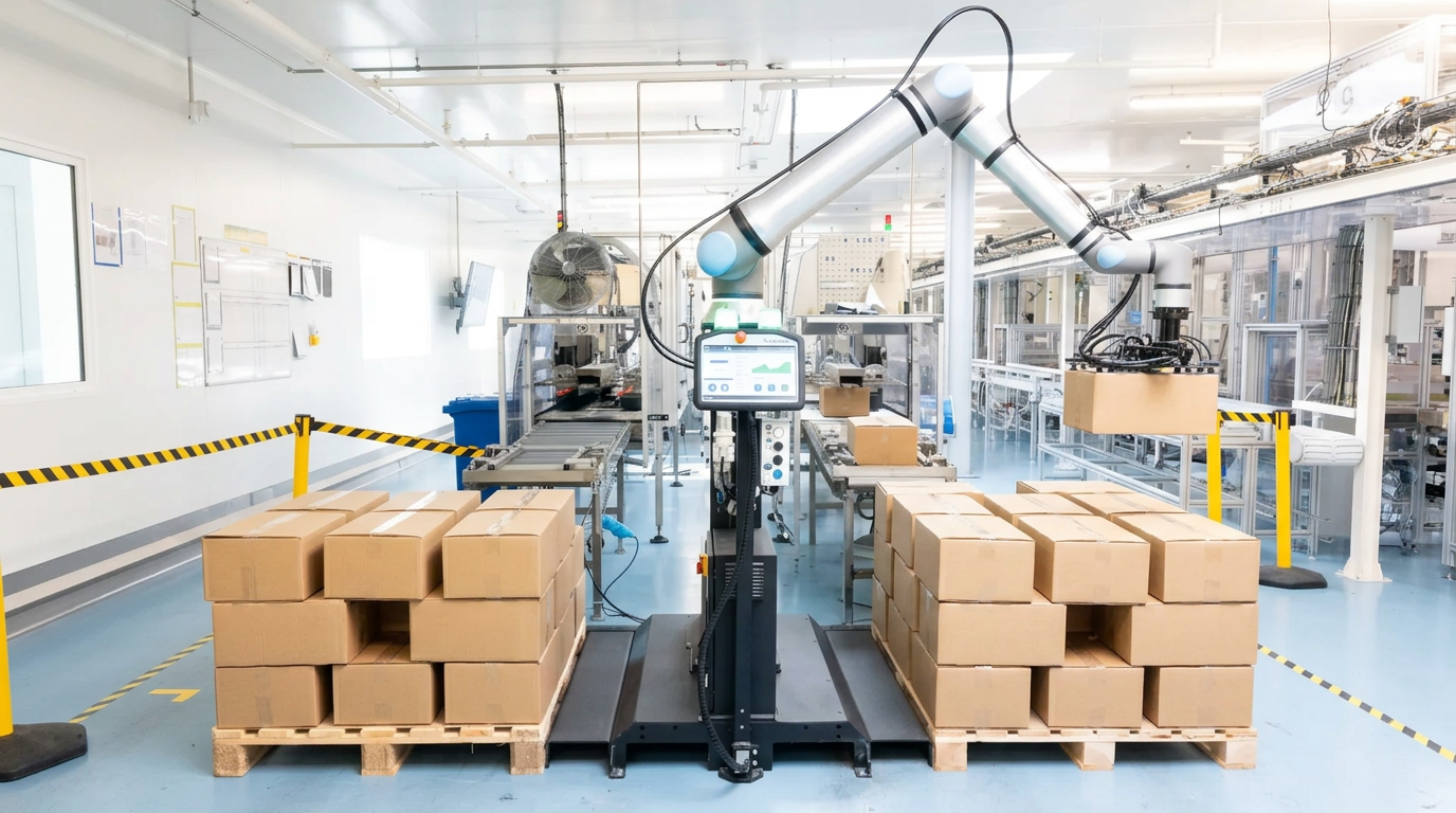 Collaborative robot palletizing cases between two pallets