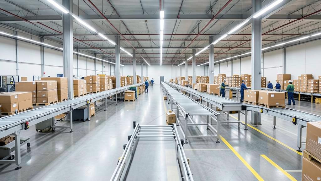 Fulfillment center floor with conveyor lines and parcels