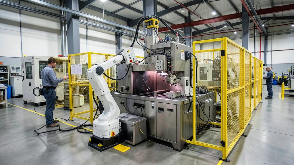Robotic cell tending a CNC machine on a factory floor