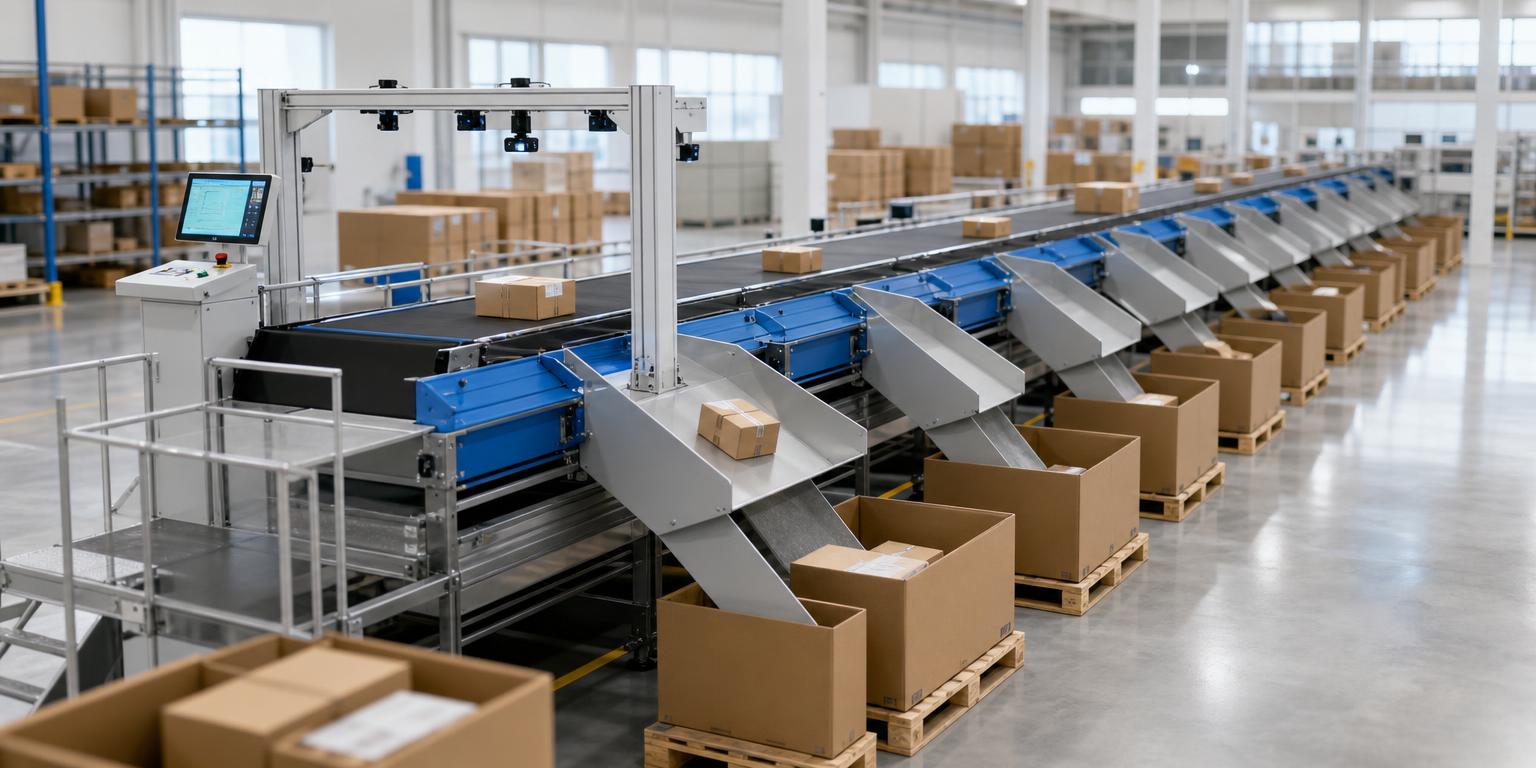 Bright shipping sorter routing parcels across multiple conveyors